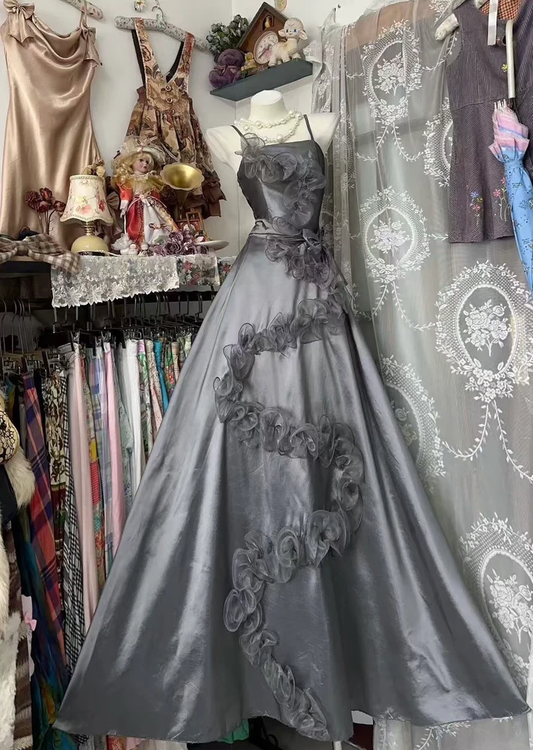 Vintage Spaghetti Straps Gray Satin A Line Long Party Dress Evening Gown