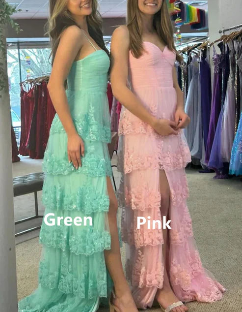 omberprom Sweetheart Spaghetti Straps Tiered Long Prom Dress with Slit Charming Evening Dress Wholesale