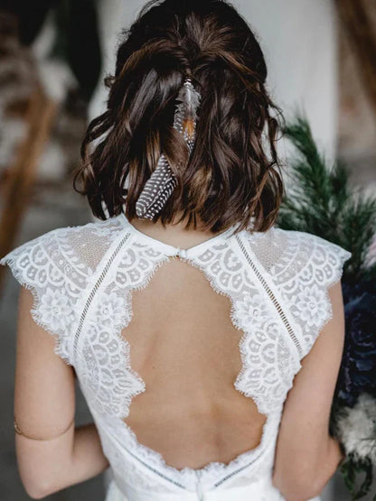 Fabulous Mermaid Lace Backless Sweep Train Wedding Dresses With Cap Sleeves Gown Elegant