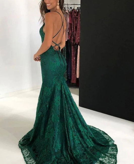 omberprom Elegant Lace Halter Neckline Chapel Train A-line Prom Dresses With Slit Evening Dress Wholesale