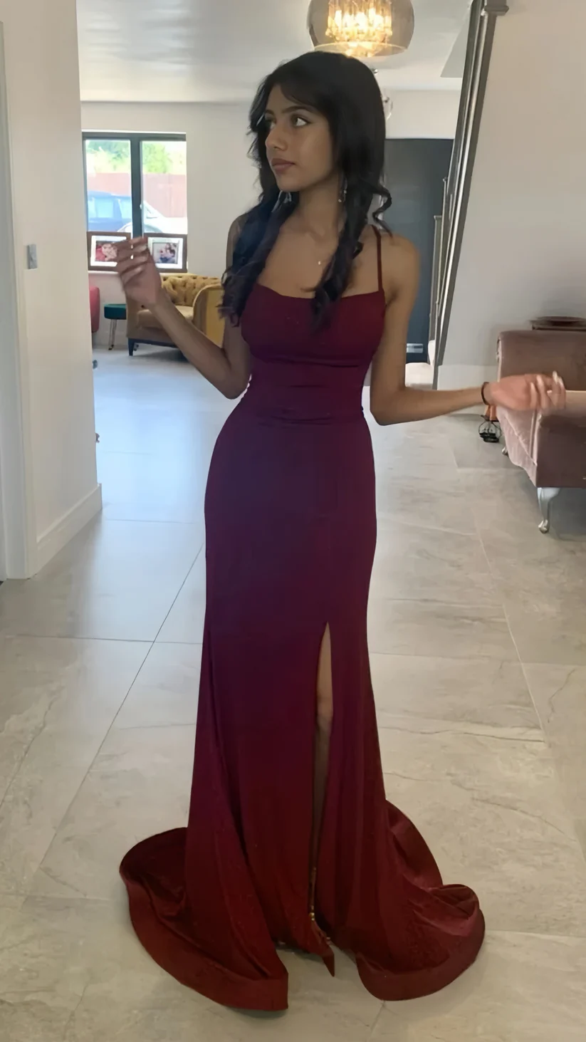 Shiny Burgundy Mermaid Split Prom Party Dress Long Evening Gown cc1825