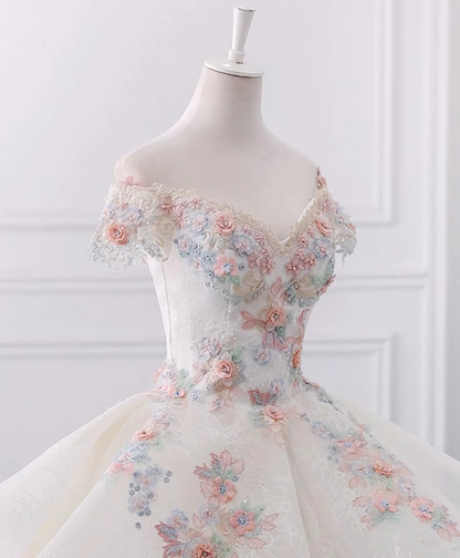 Stunning Off The Shoulder Flower Ball Gown Lace Wedding Dress Y1145
