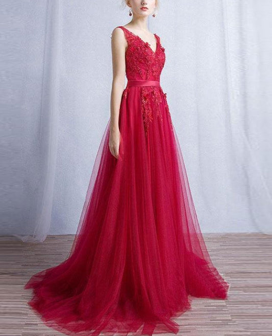 omberprom A-line V-neck Sweep Train Tulle Appliqued Long Prom Dresses Charming Wholesale