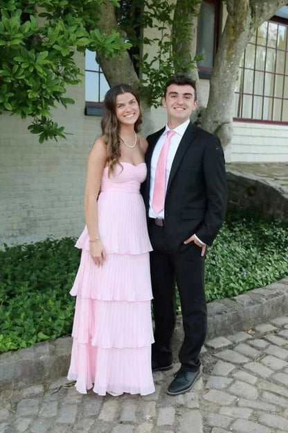 Pink Strapless A-Line Tiered Long Prom Dress Evening Party Dress Off Shoulder Formal Dress Wholesale