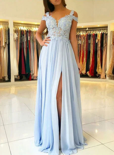 omberprom Beautiful Chiffon Light Blue with Lace Long Formal Dress Prom Dresses Elegant Evening Dress With Slit Wholesale