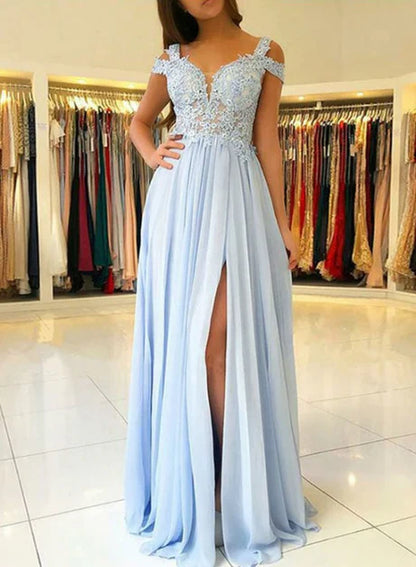 omberprom Beautiful Chiffon Light Blue with Lace Long Formal Dress Prom Dresses Elegant Evening Dress With Slit Wholesale