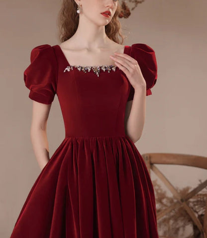 omberprom Wine Red Short Sleeves A-line Velvet Prom Dress Party Dress Bridesmaid Dress Elegant Evening Dress Wholesale