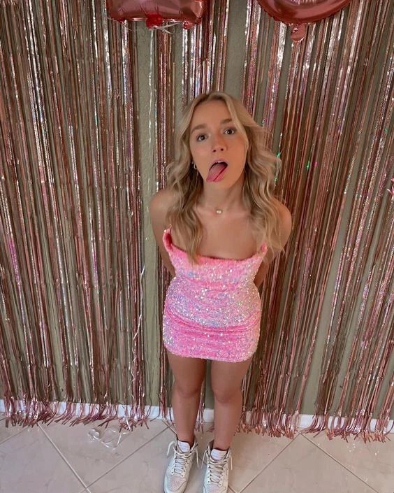 Lovely Pink Sequins Sheath Mini Birthday Dress Homecoming Dress Sparkly Party Dress Wholesale