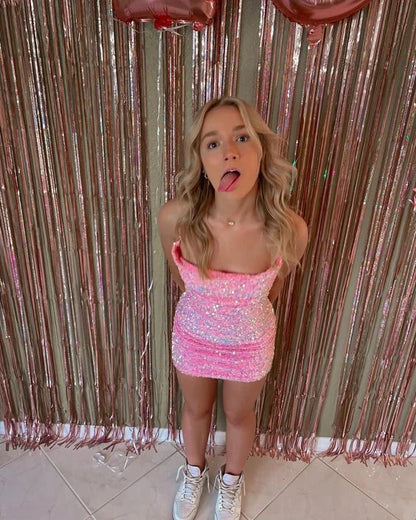 Lovely Pink Sequins Sheath Mini Birthday Dress Homecoming Dress Sparkly Party Dress Wholesale