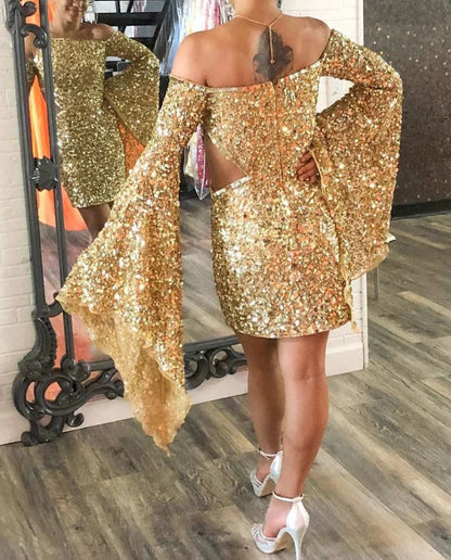 omberprom Sequins Cut Waist Shiny Homecoming Dress Off Shoulder Party Dress Graduation Dress
