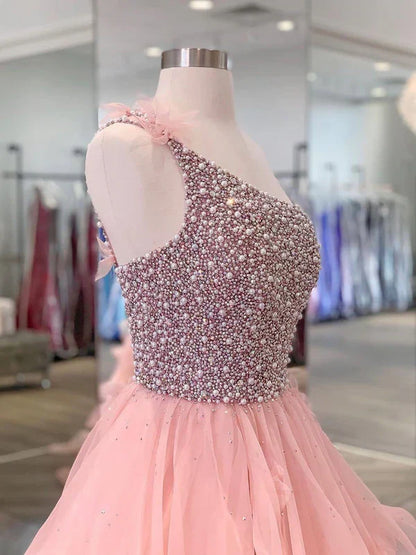 omberprom One-shoulder Tulle Beaded Flower A-line Prom Dresses Floor Length Beautiful Wholesale