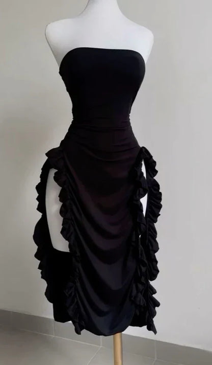 Burgundy Strapless Sheath Midi Length Ruffle Sexy Evening Dress Off Shoulder Party Dress Wholesale