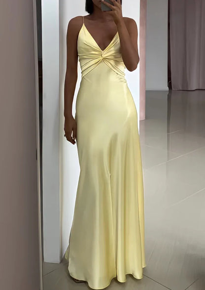 Light Yellow V Neck Straps Long Party Dress Wedding Guest Dress Formal Dress Wholesale