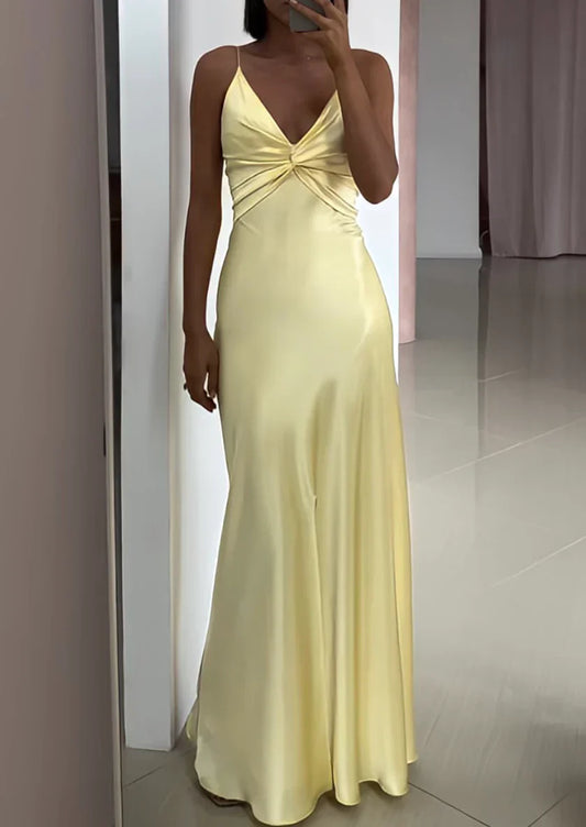 Light Yellow V Neck Straps Long Party Dress Wedding Guest Dress Formal Dress Wholesale