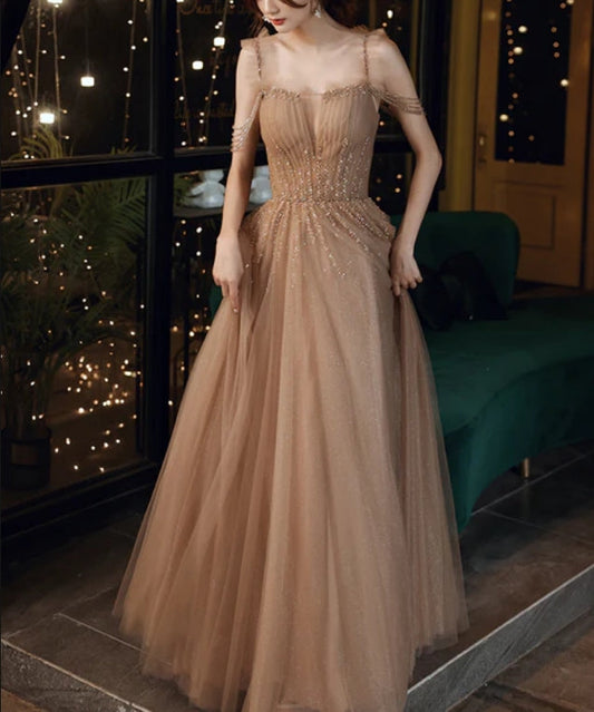 omberprom Straps Long Evening Party Dresses A-line Tulle Formal Dresses Prom Dresses