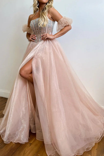 omberprom Charming A-Line Strapless Corset Beaded Long Prom Dress Off Shoulder With Slit
