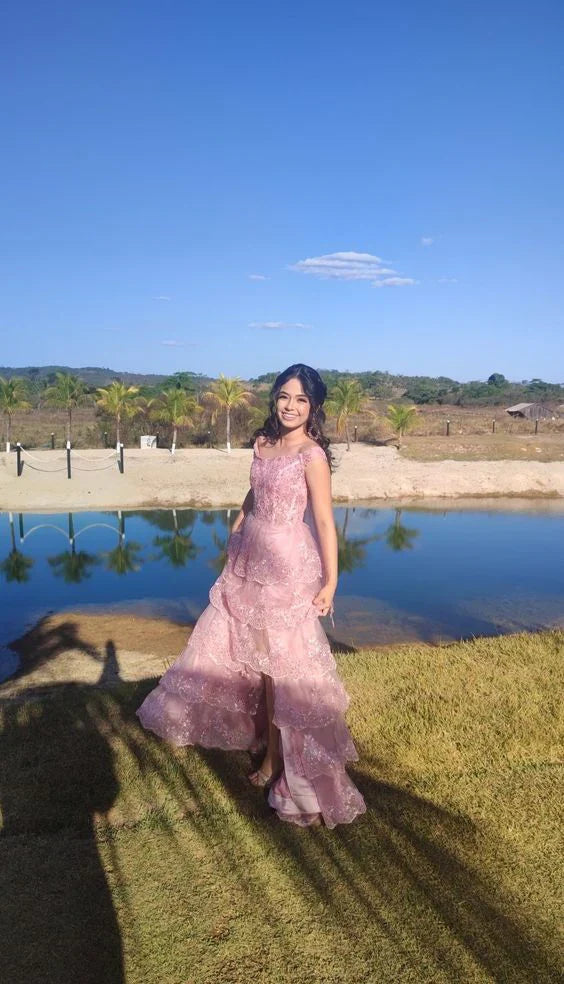 omberprom Sweet Pink Strapls Lace Tiered Long Prom Dress Evening Gown Charming Wholesale