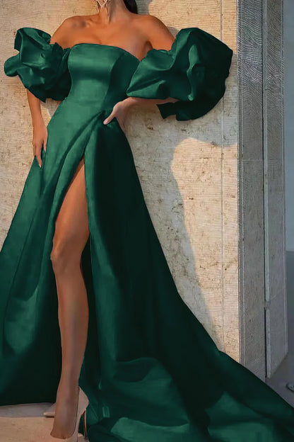 Off The Shoulder Bubble Sleeves Long Evening Dress With Slit Sexy Party Dress Wholesale