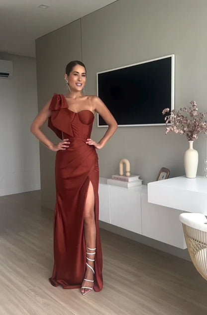 omberprom One Shoulder Satin Long Prom Dress with Slit Elegant Evening Party Dress Wholesale