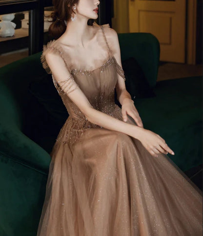 omberprom Straps Long Evening Party Dresses A-line Tulle Formal Dresses Prom Dresses