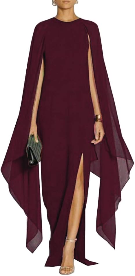 omberprom Women's Elegant Flare Sleeve Formal Evening Gowns Maxi Dress Simple Party Dress With Slit