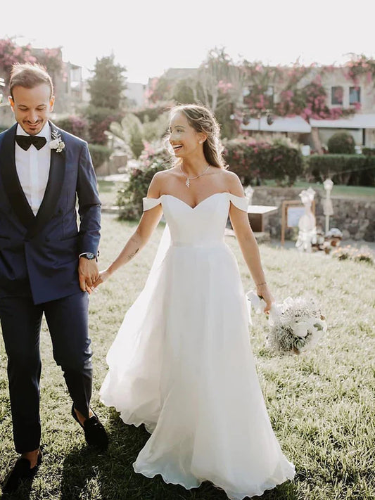 Elegant Sweetheart Off-The-Shoulder Satin Sweep Train Wedding Dresses Chiffon Gowns Simple