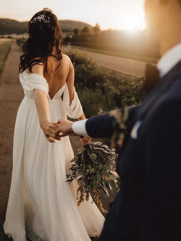 Glamorous A-line Wedding Dresses Backless Chiffon Bridal Gowns Simple Beautiful