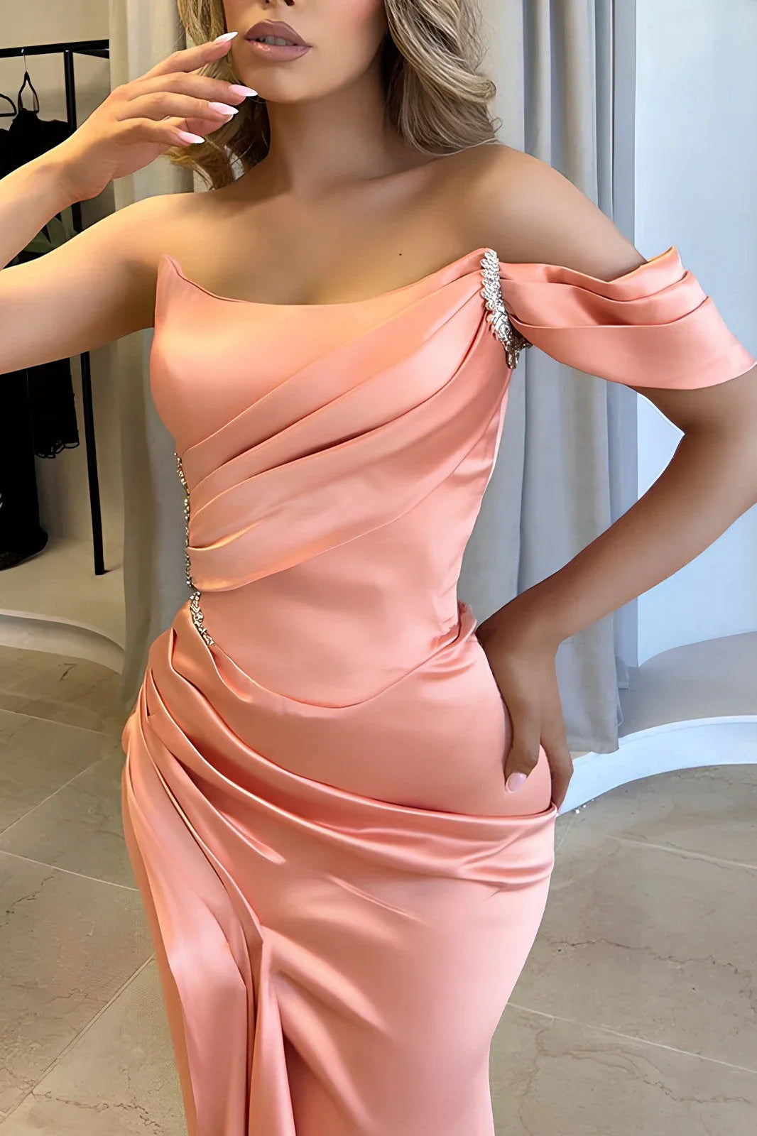 omberprom Charming Satin Evening Dress One Shoulder Mermaid Formal Party Dress With Slit Elegant Prom Dress Wholesale