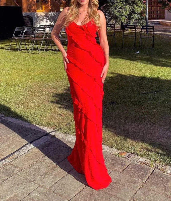 omberprom Charming Spaghetti Straps Ruffle Mermaid Long Party Dress Wedding Guest Dress Evening Dress Formal Dress