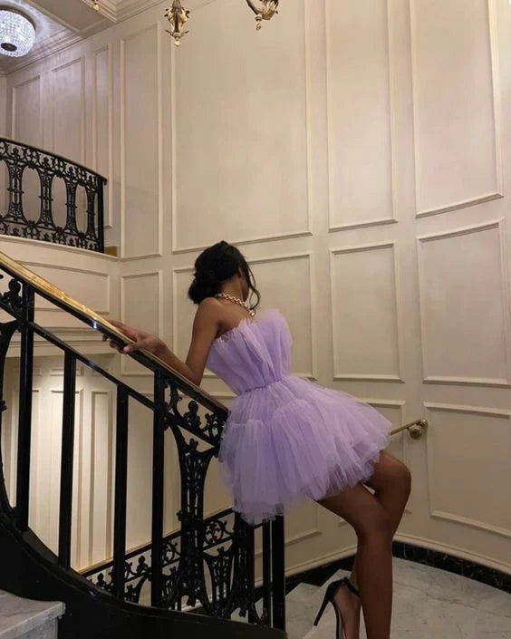 omberprom Light Purple Strapless Tulle A-Line Short Party Dress Cute Homecoming Dress Wholesale