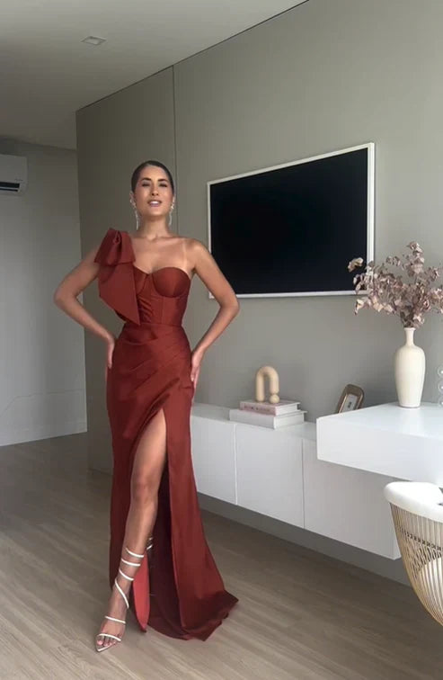 omberprom One Shoulder Satin Long Prom Dress with Slit Elegant Evening Party Dress Wholesale
