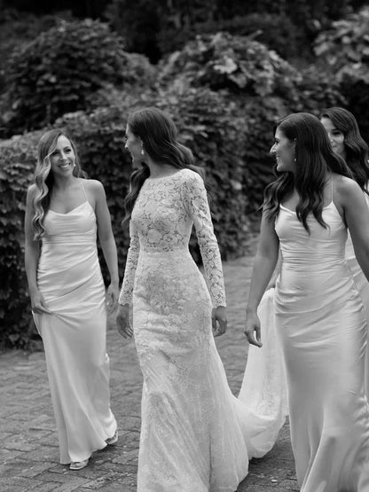 Delicate Lace Bateau Long Sleeves Chapel Train Sheath Wedding Dresses Elegant