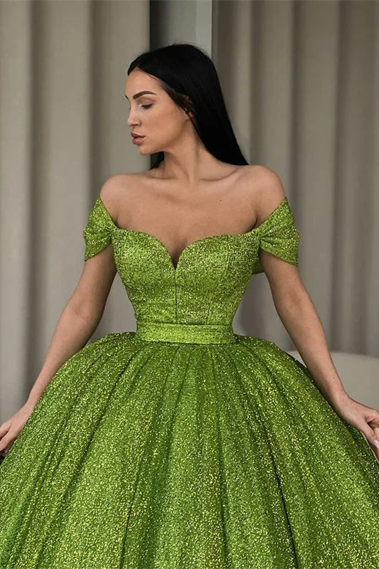 omberprom Green Off The Shoulder Ball Gown Evening Dress With Sequins Sparkly Prom Dress Sexy