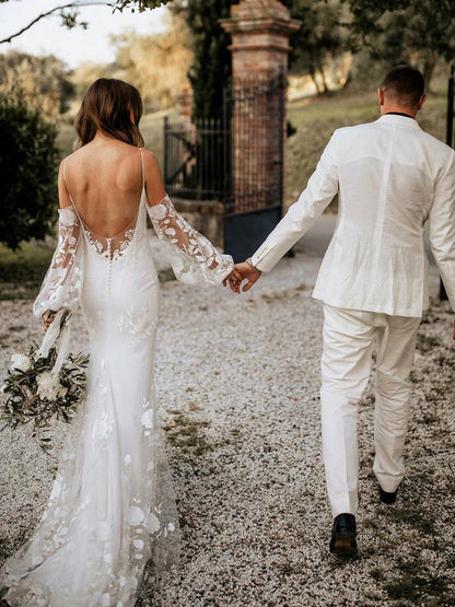 Delicate Floral Lace Spaghetti Straps Long Sleeves Mermaid Wedding Dresses Elegant