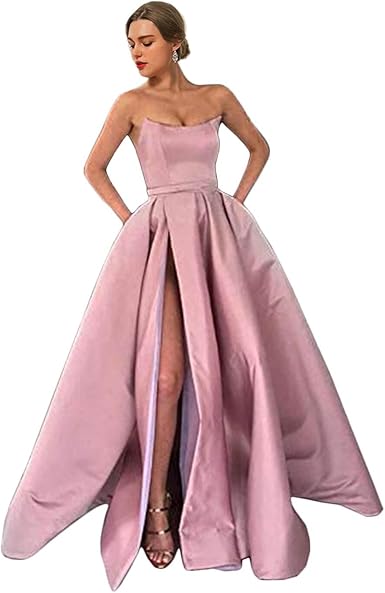 Womens Long Strapless Satin Prom Dress Sleeveless Slit Evening Ball Gown Off Shoulder Party Dress Wholesale