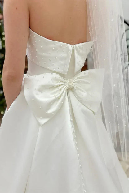 Strapless Bow-Back Pearls A-Line Wedding Dress Off Shoulder Charming No With Wedding Veil And Gloves