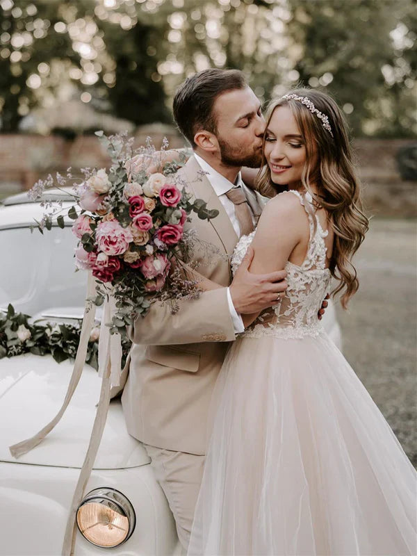 omberprom Wonderful Appliqued A-line Wedding Dresses Tulle Gowns Floor Length Beautiful Bridal Gown