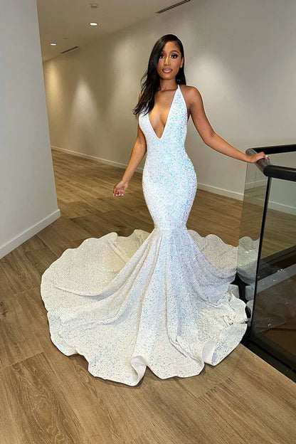 Fantasy Sleeveless V Neck Halter Evening Dress With Sequins Sparkly Sexy Prom Dress