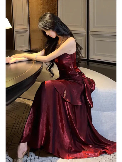 omberprom Charming Wine Red Spaghetti Straps Long Prom Dress Elegant Party Dress Birthday Outfits Evening Dress Wholesale