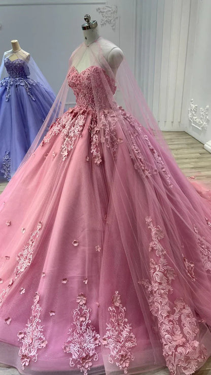 omberprom Sweetheart Tulle Appliques Ball Gowns Quinceanera Dress with Cape Prom Dress Beautiful Wholesale