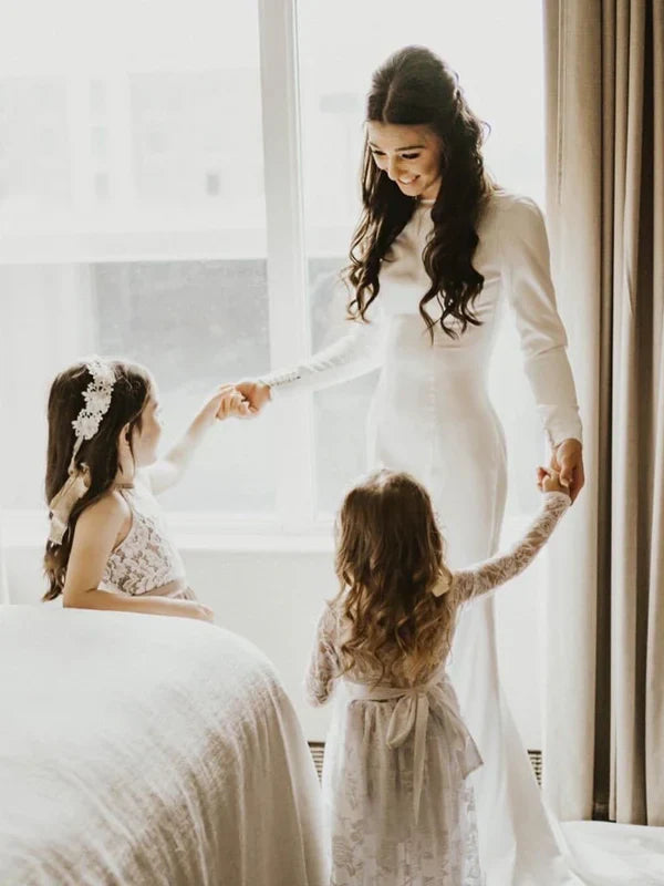 omberprom Simple Long Sleeves Backless Wedding Dresses Mermaid Bridal Gowns Elegant