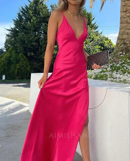 omberprom Elegant Formal Women's Dresses Hot Pink Formal Party Dress V Neck Sheath Long Prom Dress