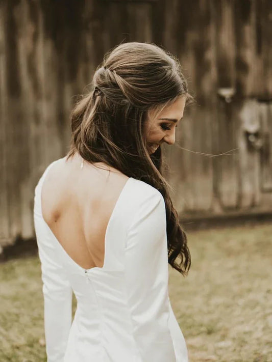 omberprom Simple Long Sleeves Backless Wedding Dresses Mermaid Bridal Gowns Elegant