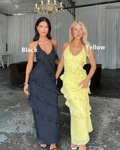 Yellow Halter Sheath Ruffles Long Party Dress Wedding Guest Dress Formal Dress Wholesale