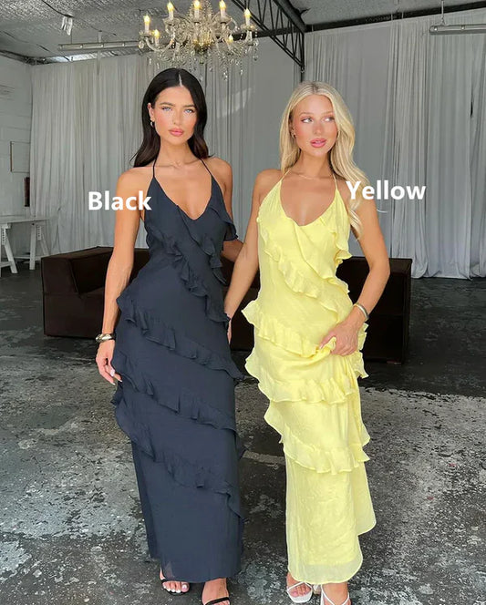 Yellow Halter Sheath Ruffles Long Party Dress Wedding Guest Dress Formal Dress Wholesale