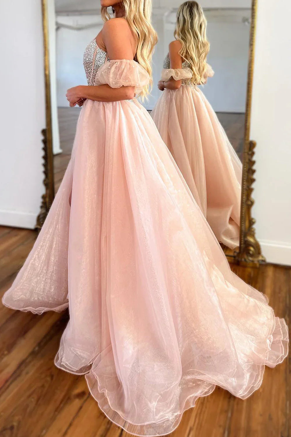 omberprom Charming A-Line Strapless Corset Beaded Long Prom Dress Off Shoulder With Slit