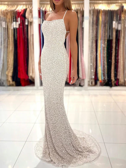 Spaghetti Straps Pearl Prom Dresses Sparkly Sheath Formal Dress Evening Dress Wholesale