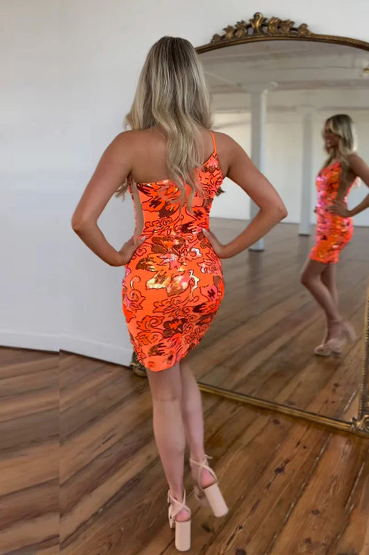 Orange One Shoulder Sequins Bodycon Homecoming Dress Charming Party Dress Wholesale