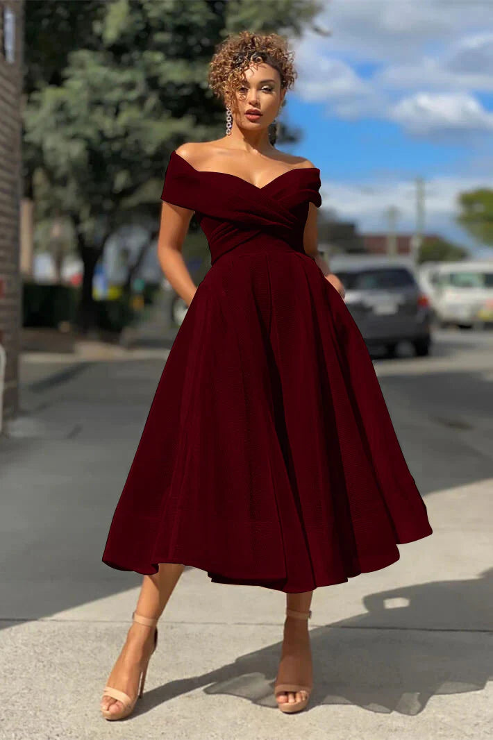 Burgundy Off The Shoulder A Line Short Evening Dress Cocktail Dress Sexy Party Dress Formal Dress