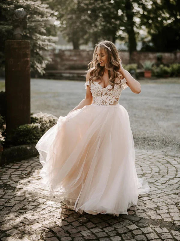 omberprom Wonderful Appliqued A-line Wedding Dresses Tulle Gowns Floor Length Beautiful Bridal Gown